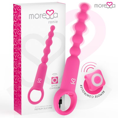 Produto rosa para uso anal com contas e comando remoto, caixa branca e rosa com texto
