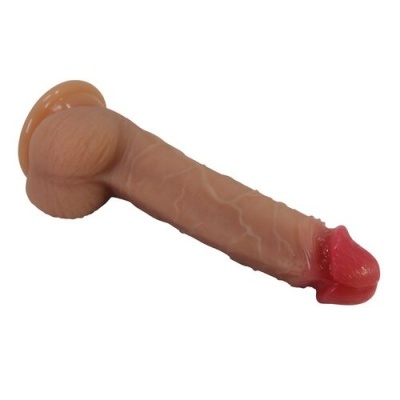Vibrador realista cor de pele com base ventosa alaranjada e cabeça rosa