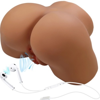 Simulação de nádegas humanas em silicone com auscultadores brancos