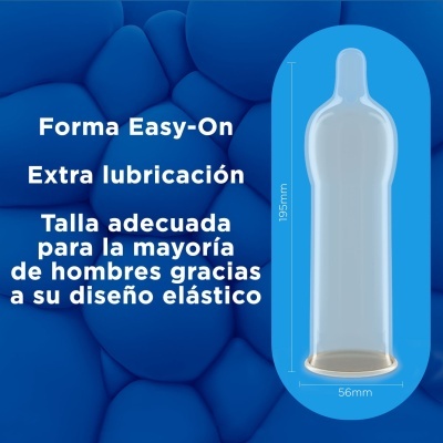 Preservativo transparente com texto explicativo em fundo azul.