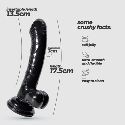 Dildô preto com texto de medidas e características em fundo cinza claro