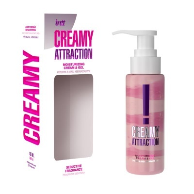 Frasco doseador de gel rosa e branco com caixa branca CREAMY ATTRACTION