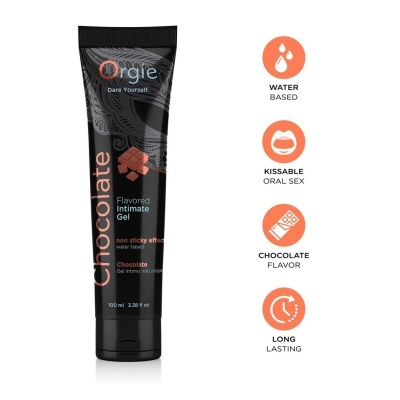 Tubo preto de gel íntimo sabor chocolate Orgie com texto e ícones que indicam características do produto