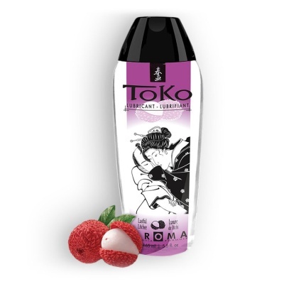 Frasco de lubrificante ToKo com ilustração asiática e frutas litchi ao lado