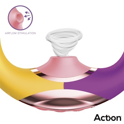 Dispositivo circular colorido com componente rosa central e simulação de fluxo de ar
