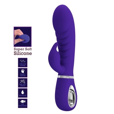 Vibrador roxo em silicone super macio com estimulador adicional e textura ondulada