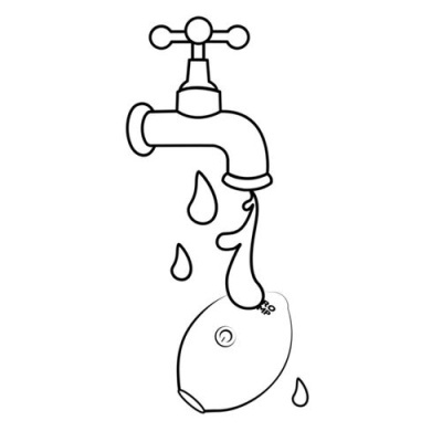 Desenho de torneira pingando água para limão com botão ON/OFF