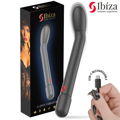 Vibrador preto curvado com embalagem preta Ibiza exclusive experience e cabo USB-C.