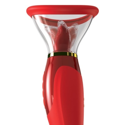 Frasco vermelho com tampa vermelha e parte superior transparente em forma de funil