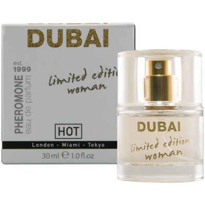 Frasco de perfume feminino DUBAI limited edition woman com embalagem branca e dourada e frasco transparente