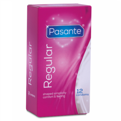 Embalagem de preservativos Pasante Regular rosa e branca com texto e número 12