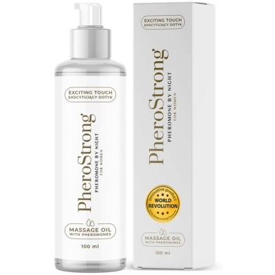 Frasco branco de óleo de massagem PheroStrong com embalagem branca e selo dourado