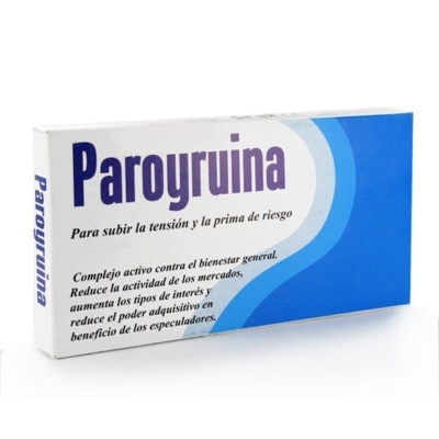 Embalagem de caixa do produto Paroyruina azul, branco e lilás com texto em espanhol