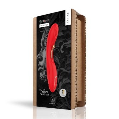 Vibrador vermelho em embalagem preta com decoração floral e texto promocional.