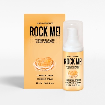 Frasco de cosmético líquido amarelo e branco com rótulo e caixa com texto ROCK ME! e imagem de bolachas com creme.