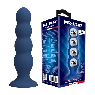 Plug anal XL azul escuro com bolas metálicas e embalagem azul