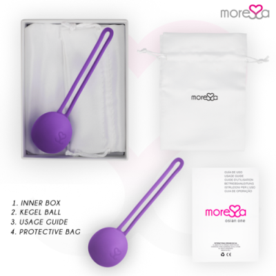 bola de Kegel roxa com saco protetor branco e guia de uso
