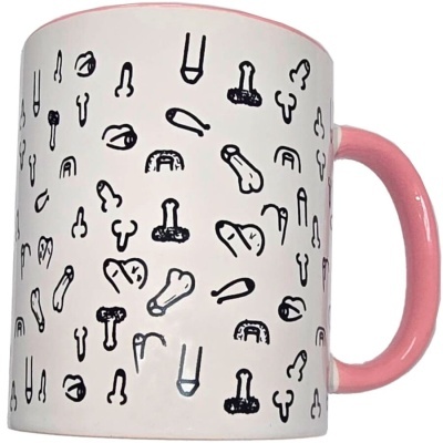 Caneca branca com pega e interior cor-de-rosa e desenhos a negro de pênis