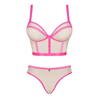 Conjunto lingerie bege com detalhes em rosa vibrante.