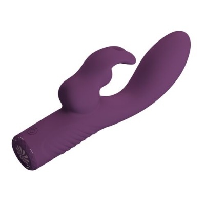 Vibrador roxo com design ergonómico e estimulador adicional.