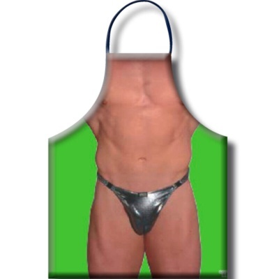 Avental com estampa de torso masculino usando cueca prateada brilhante