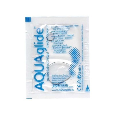 Pacote transparente de gel lubrificante médico Aquaglide 3 ml com texto azul