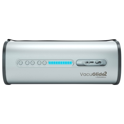 Dispositivo eletrônico prateado com botões, luz azul e texto VacuGlide2 by Autoblow