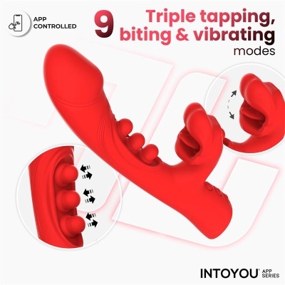Vibrador vermelho em silicone com esferas e botões, texto sobre modos de controlo