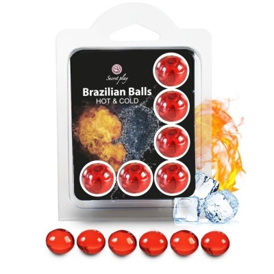 Embalagem com bolas vermelhas translúcidas e imagens de fogo e gelo