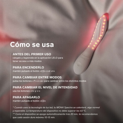 Dispositivo branco com LEDs vermelhos e texto de instruções em espanhol sobre fundo cinzento