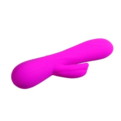 Vibrador rosa em silicone com duas zonas salientes e botões na base