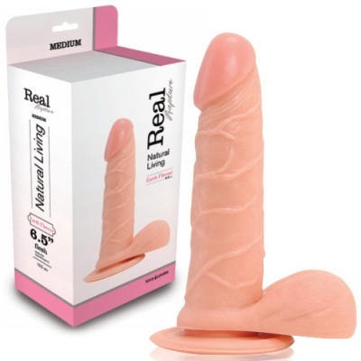 Dildo realista em silicone cor de pele com base e embalagem