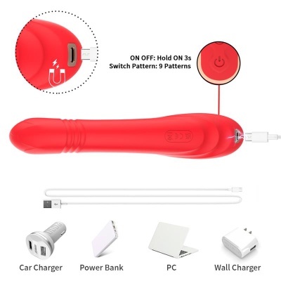 Vibrador vermelho com botão, entrada USB e acessórios de carregamento