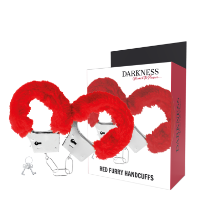 algemas metálicas com penugem vermelha e embalagem com texto DARKNESS