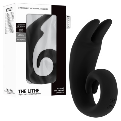 Vibrador preto com design curvo e orelhas de coelho junto da embalagem branca e preta