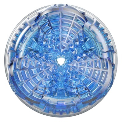 Objeto redondo translúcido azul e cinzento com padrão geométrico tridimensional