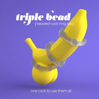 Banana amarela com anéis brancos translúcidos e texto em fundo roxo