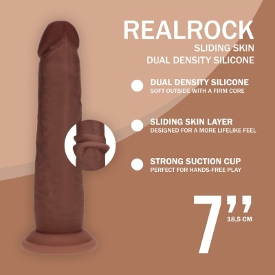 Dildo castanho escuro com ventosa, texto em inglês, fundo castanho claro.