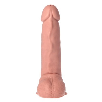 Dildo realista rosa clara com textura anatómica em fundo branco