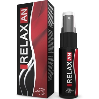 Frasco preto de spray anal RELAX AN com caixa preta e vermelha