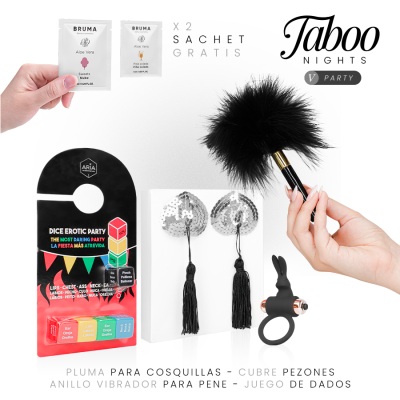 Conjunto erótico Taboo Nights Party com acessórios diversos e sachês Bruma Aloe Vera.