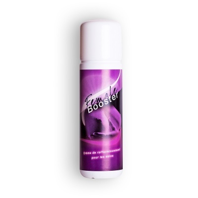 Frasco branco com rótulo roxo Female Booster para creme de firmeza dos seios