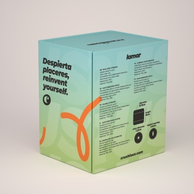 Caixa de produto azul e verde com texto e gráficos em várias línguas