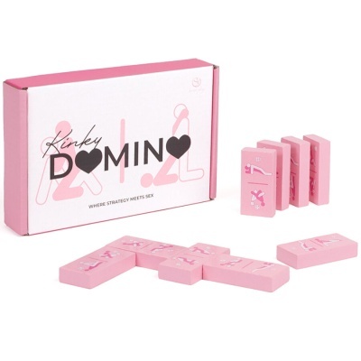 Jogo de dominó cor-de-rosa com ilustrações de posições sexuais e caixa correspondente
