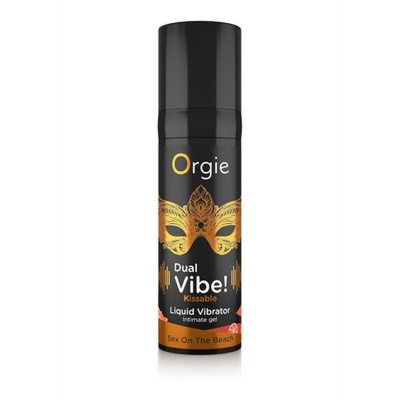 Frasco preto de gel íntimo líquido Orgie Dual Vibe! Kissable com máscara dourada