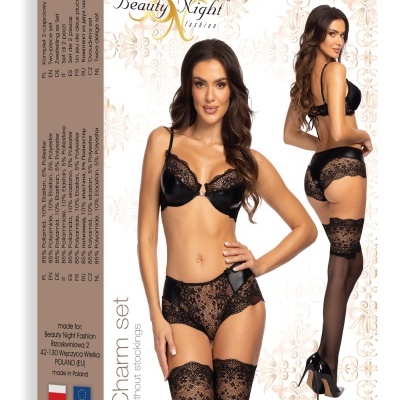 Conjunto de lingerie preto feminino com renda e packaging da marca Beauty Night fashion.