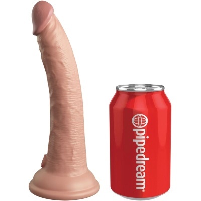 Dildo realista cor de pele e lata vermelha Pipedream lado a lado