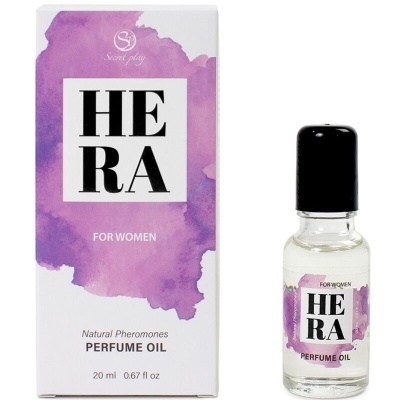 Frasco pequeno de perfume óleo HERA para mulher com caixa roxa e branca
