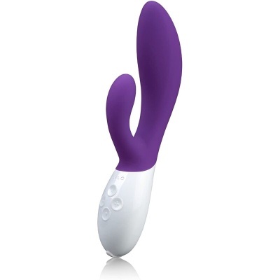 Vibrador roxo com base branca e botões