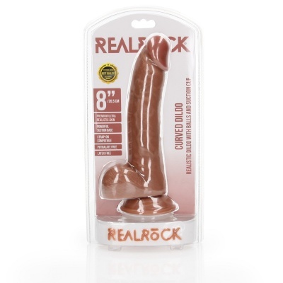 Dildo curvado castanho embalado em plástico transparente